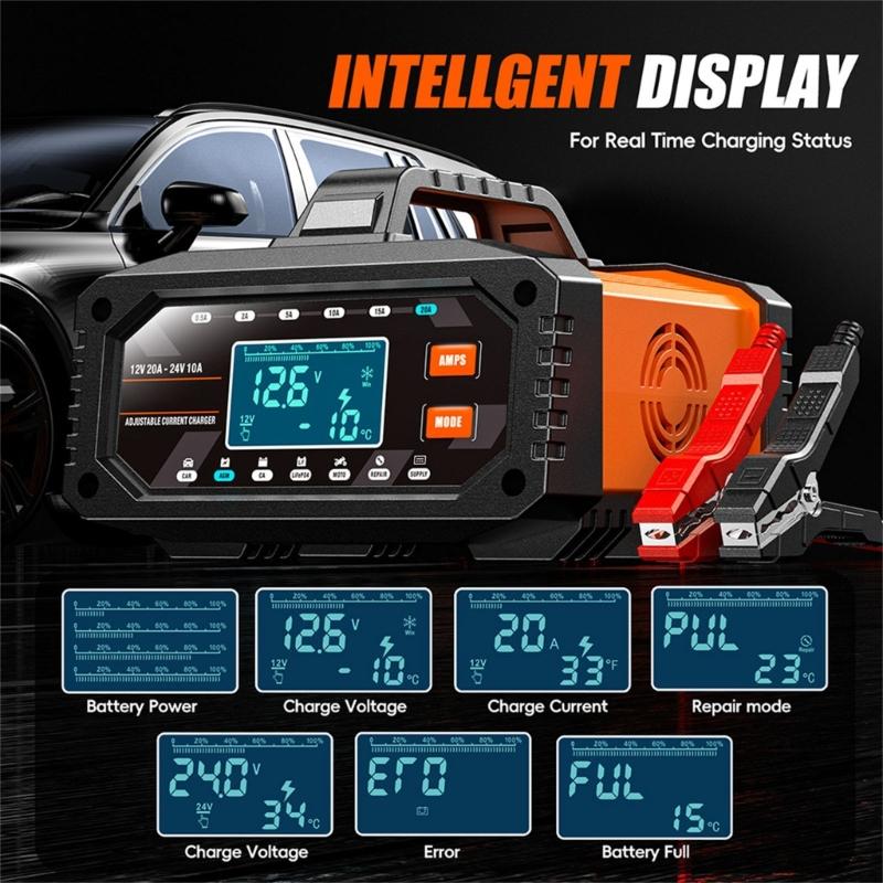 12V/24V Car Battery Charging Equipment with LCD Display Pulse Repair Intelligent Charging Device for Cars Trucks Boats