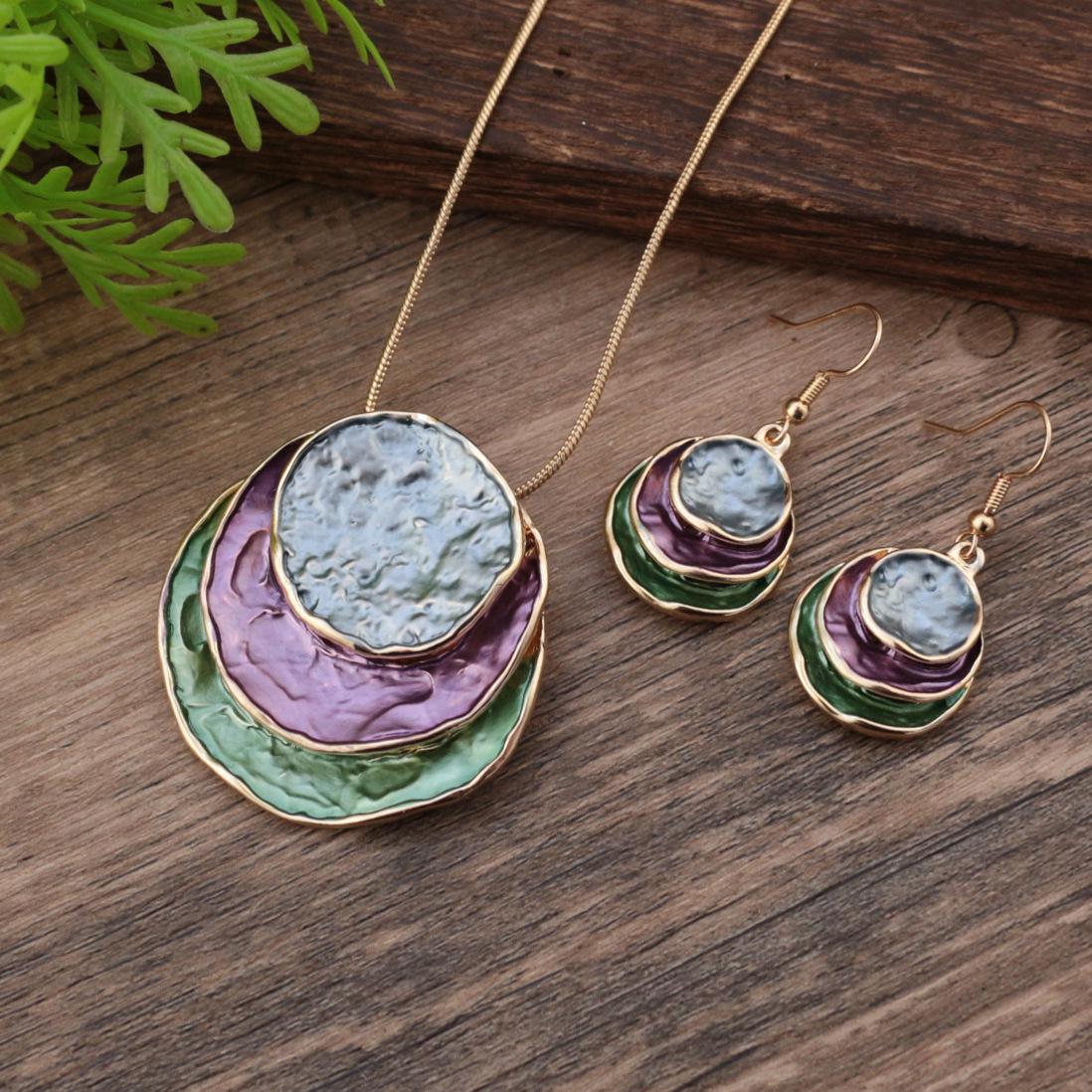 

Bohemian Cloisonné Enamel Triple-Layer Hollow Pendant Earrings Set for Women