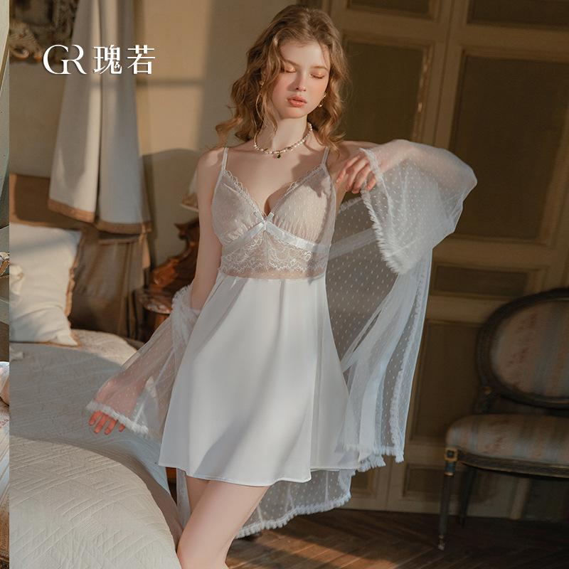 Women's Silky Satin Polka Dot Sheer Mesh Sleep Dress with Mesh Robe Lounge Set