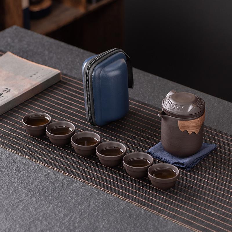 High-end Purple Sand Travel Tea Set, Outdoor Travel Portable Express Customer, One Pot of Six Cups, Commemorative Business Holiday Gifts