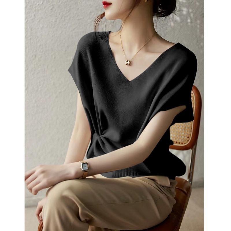 Summer New Thin Fashion Bat Sleeve Casual Loose Knitted Shirt Women Solid Elegant Ice Silk Blouse Women Simple Slim Office Ladies Shirts Tops 26633