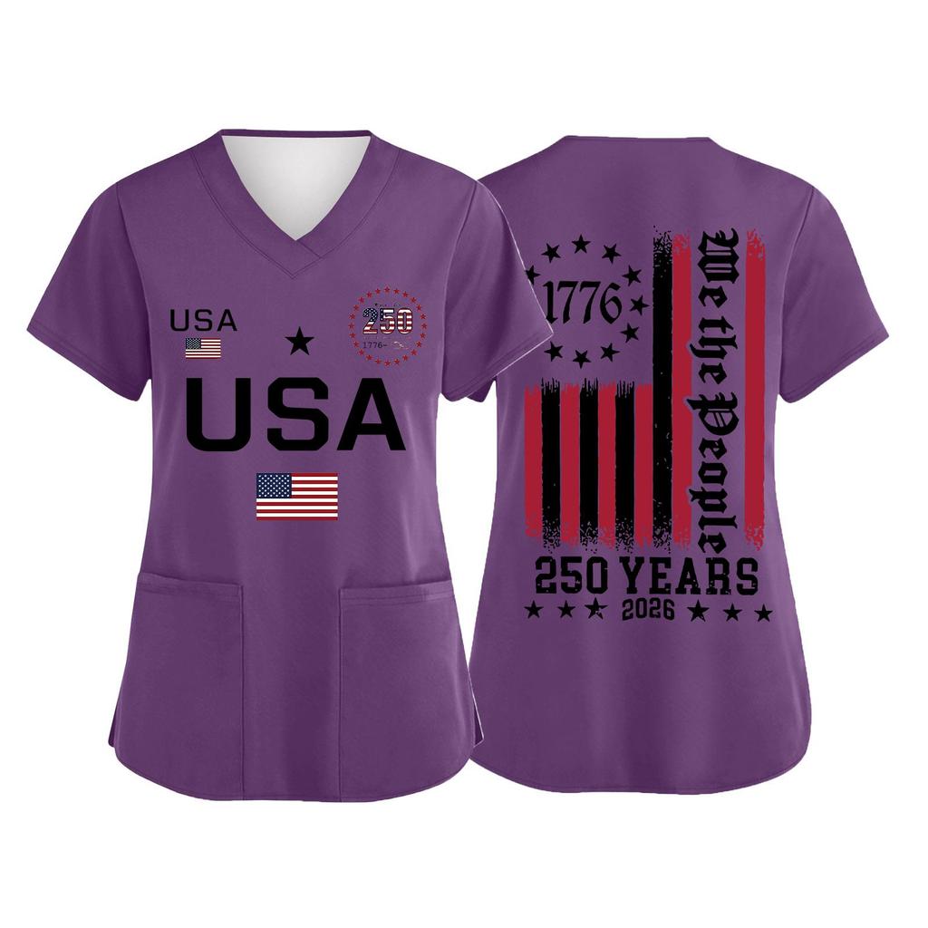 Women's V Neck Short Sleeve Work Shirt with Pockets USA Independence Day Print Medical Uniform Top for Caregivers and Healthcare Professionals