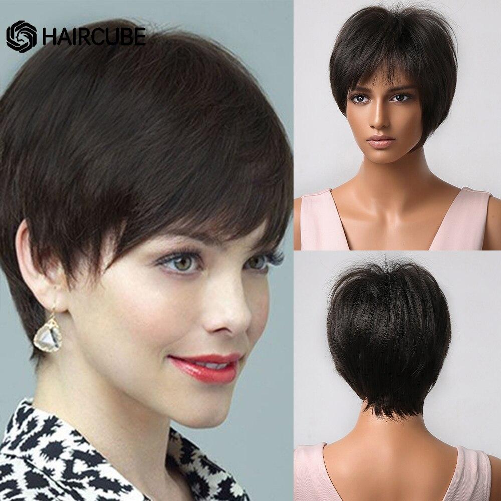 

HAIRCUBE Короткие прямые парики Ombre Коричневые парики из синтетических волос с челкой для чернокожих женщин Ежедневный косплей Термостойкие парики из натуральных волос
