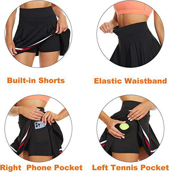 Women's Pleated Tennis Skirt with Pockets and Built-in Shorts - High-Elastic Golf Sports Skort