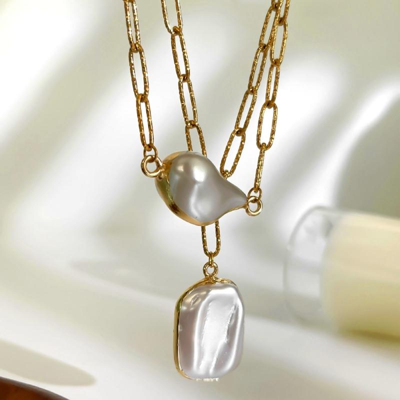 Elegant Double Layer Baroque Pearls Necklace Stainless Steel Adjustable Chain Everyday Jewelry Accessory Gift