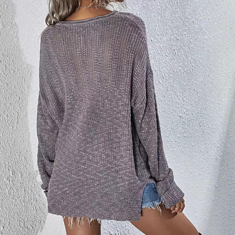 IHUASU Autumn and Winter V-neck Women's Knitted Loose Solid Colour Fashion Pullover Jumper