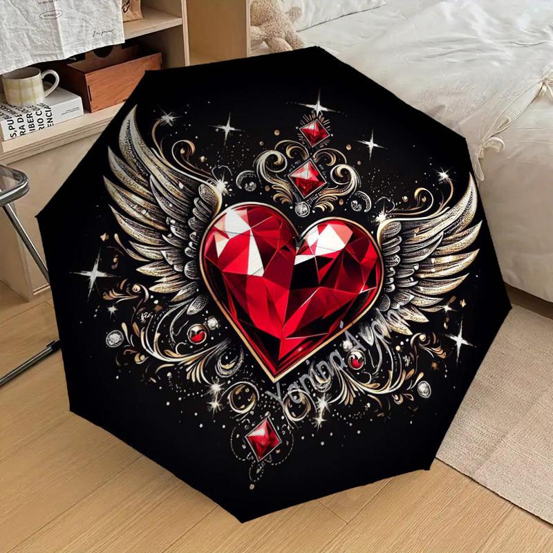 1pc Heart with Wings and Diamonds Umbrella with Plastic Handle,Suitable for All Seasons Home Travel Outdoor UmbrellaDD1371