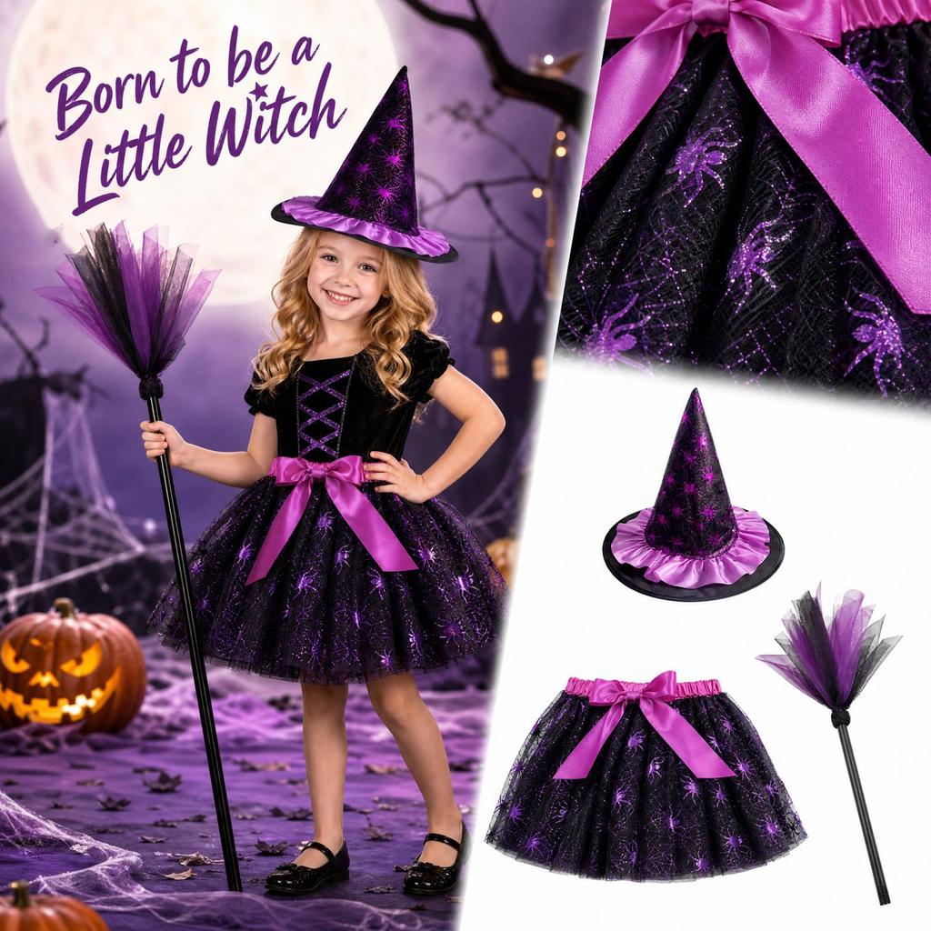 Kids Halloween Witch Costume Dress with Hat and 3 Piece Set