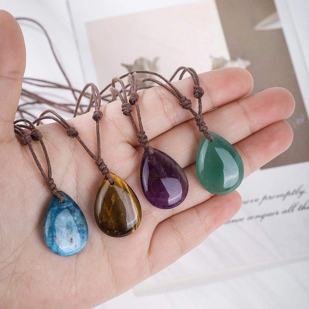 Natural crystal pendant, amethyst necklace, hand woven, water droplet jewelry
