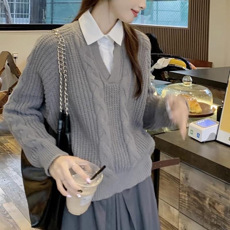 Women's College-Style Two-Piece Twisted Knit Sweater - Loose Fit, Long Sleeves for Autumn