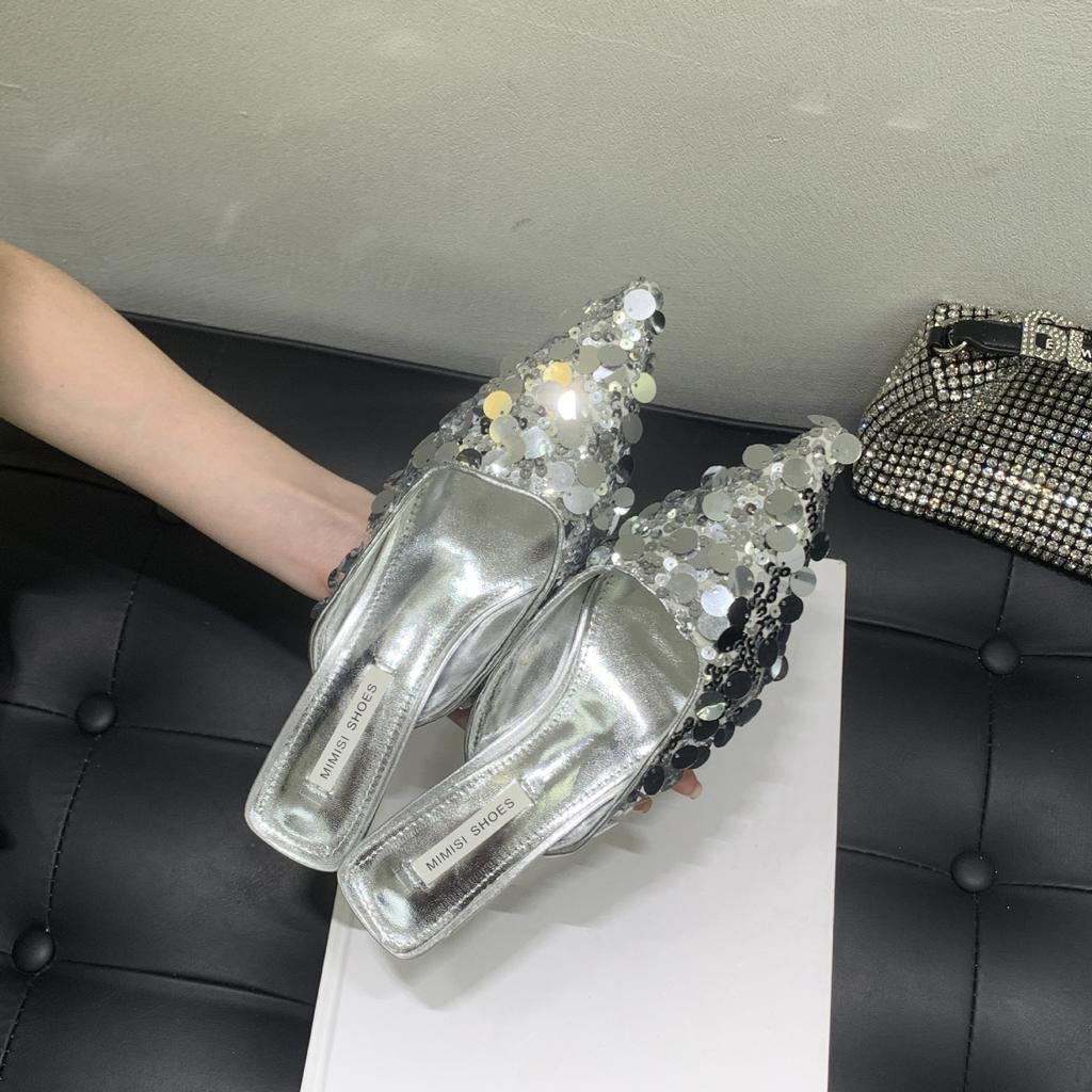 2025 Spring New Sweet Fish Scale Sequins Stiletto Niche Sandals Evening Mary Jane with Skirt Half Slippers