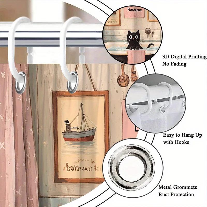 Charming Cat in Bathtub Shower Curtain - Vintage Nautical Design for Cozy Bathroom Décor, Waterproof, Easy Care & Unique Charm