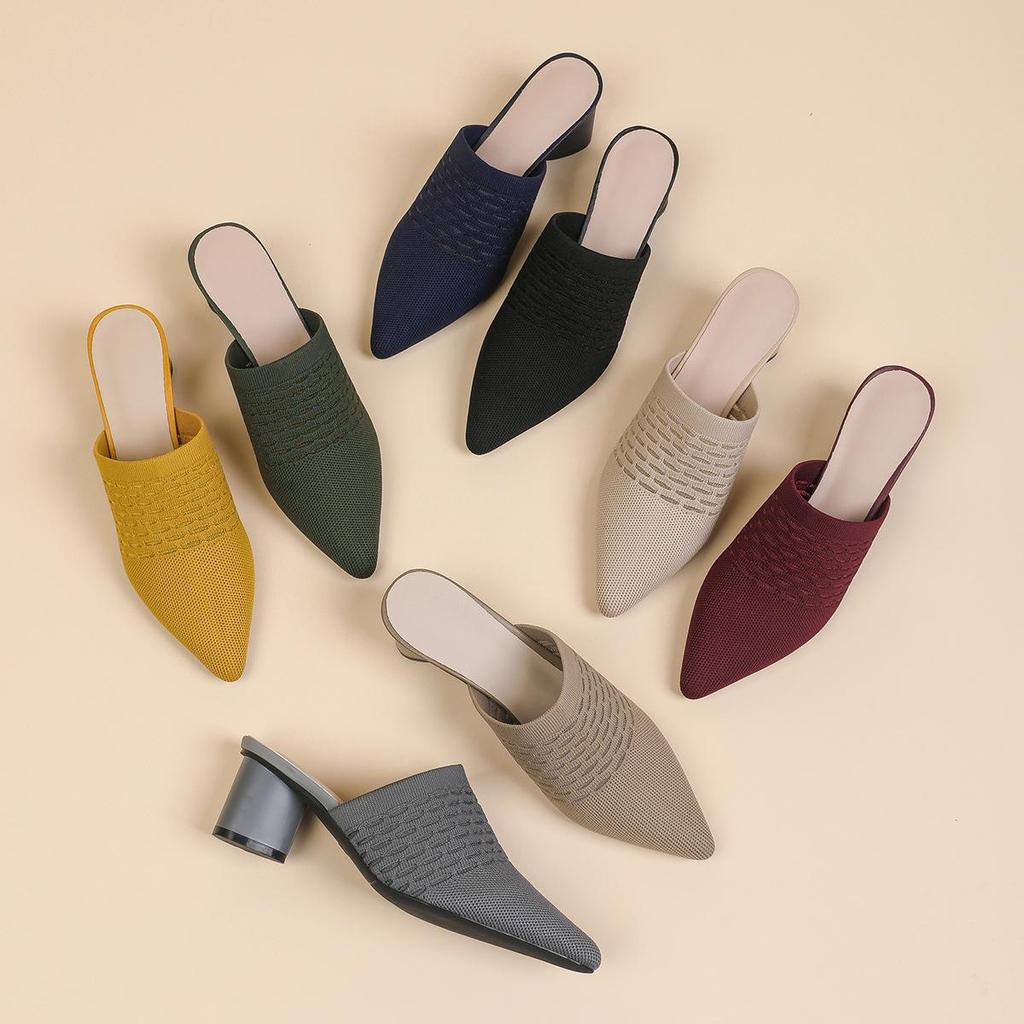 Dámské Velké Velikosti Jarní Špičaté Špičky Tlustý Vysoký Podpatek Pantofle Boty Ležérní Prodyšné Jednobarevné Pletené Sandály Boty 34-43