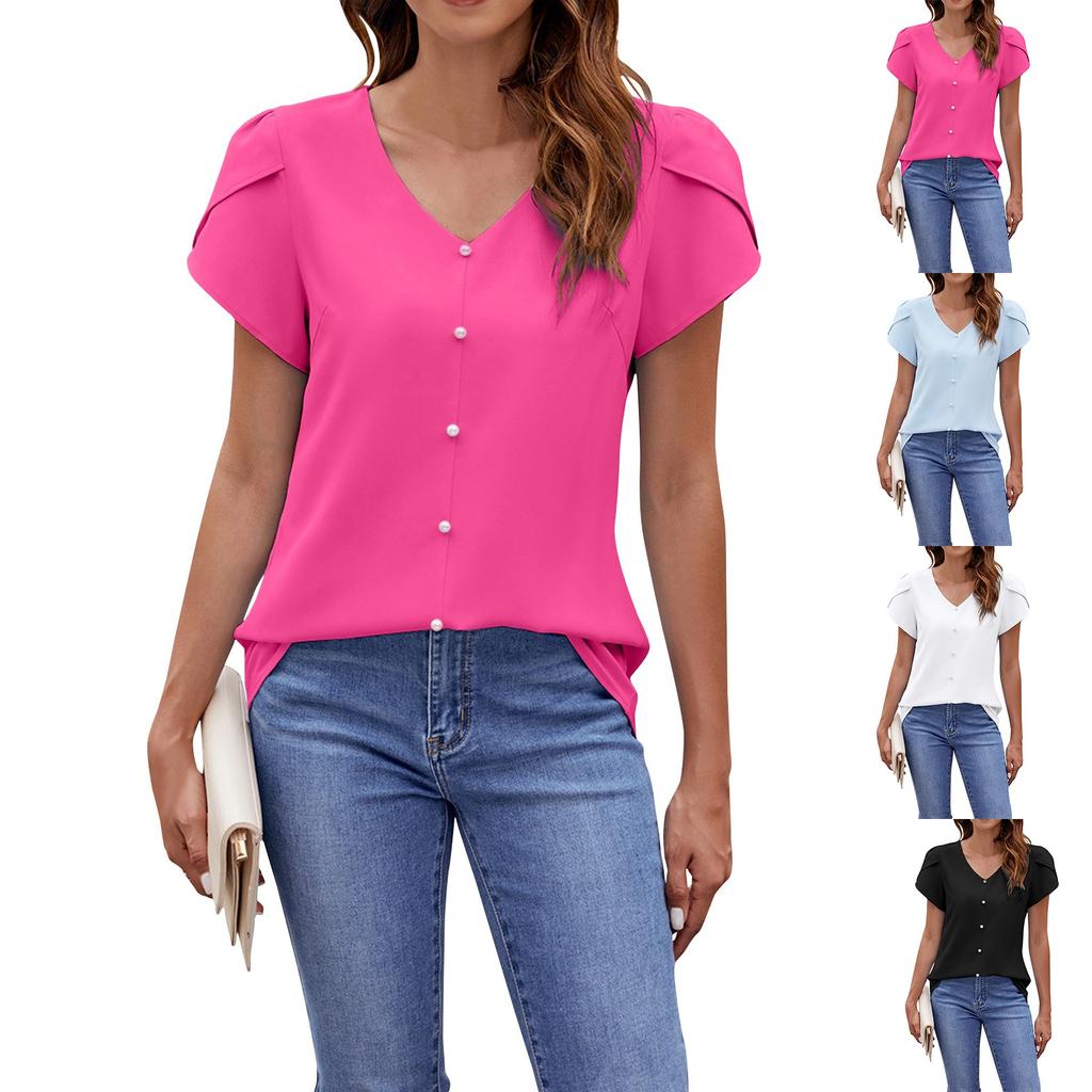 Frühling und Sommer neue einfarbige V-Ausschnitt Kurzarm lose Chiffon Shirt Perle Top