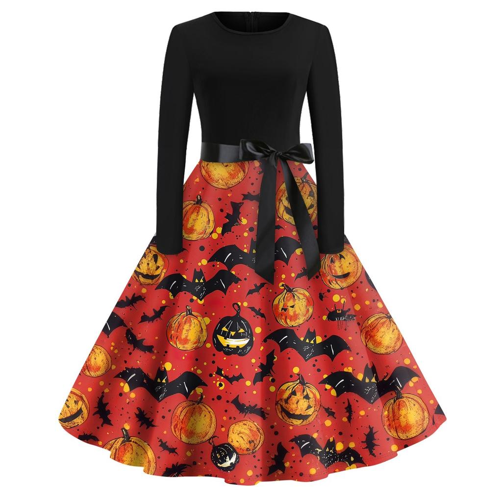 Halloween Print Flare Dress For Women Long Sleeve Dress Hollow Party Casual Round Neck Dresses