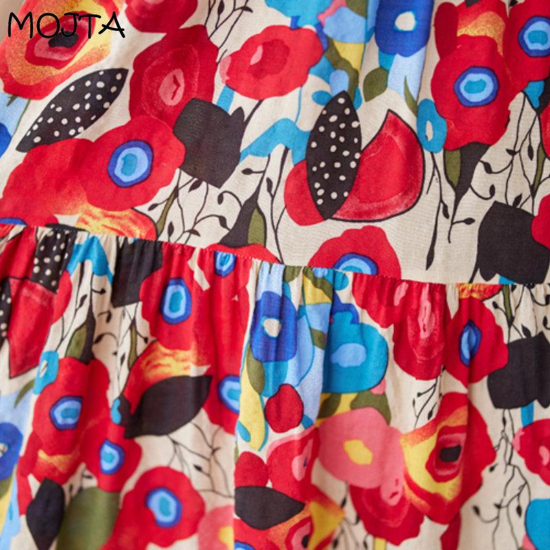 MOJTA Letnia Damska Sukienka z Okrągłym Dekoltem, Luźna, Długa Spódnica, Bawełniana, Haftowana, z Krótkim Rękawem