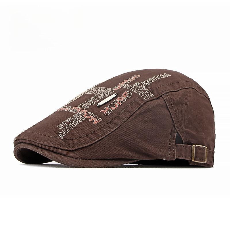 Unisex Washed Cotton Flat Cap Embroidered Letters Ivy Cap Retro Duckbill Hat Metal Plate Gatsby Cabbie Cap Adjustable Side Buckle