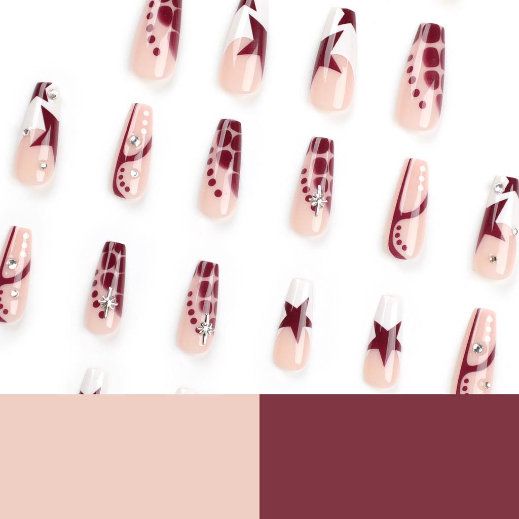 Woman Long French False Nail Star Pattern Nude White Red Resin Artificial Nail for Salon Expert and Naive Women