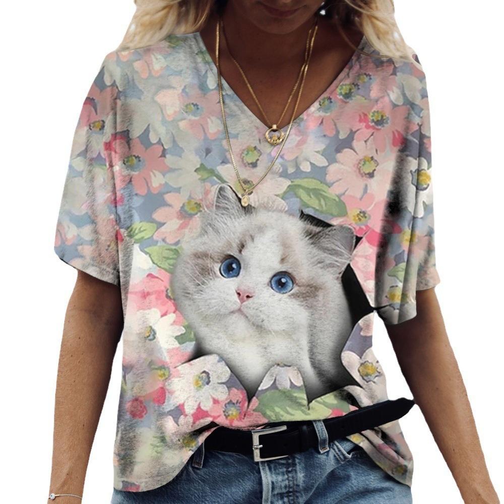 Summer 3D T-shirt Short Sleeved Cat Print Women's V-neck T-shirt