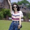 Summer New Striped Pullover Color Fashionable Design Sense Versatile Splicing Knitted Top Women's Chiffon Sleeves Round Neck Small Shirt Trendy