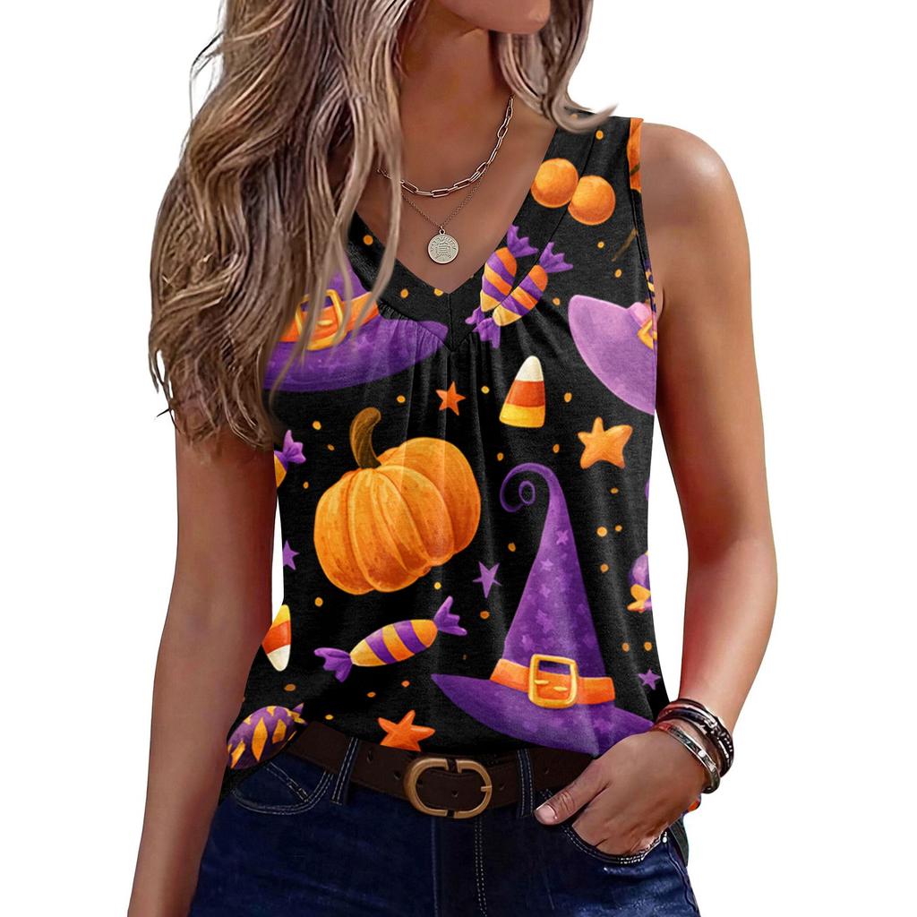 Women's Sleeveless V-Neck Halloween Print Tank Top for Casual Wear