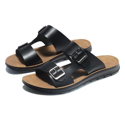 Pantoufles d'été pour hommes en cuir PU italien avec double boucle Chaussures d'été Intérieur Extérieur Hôtel Plage Sandales à enfiler Plates Grande Taille 46 47