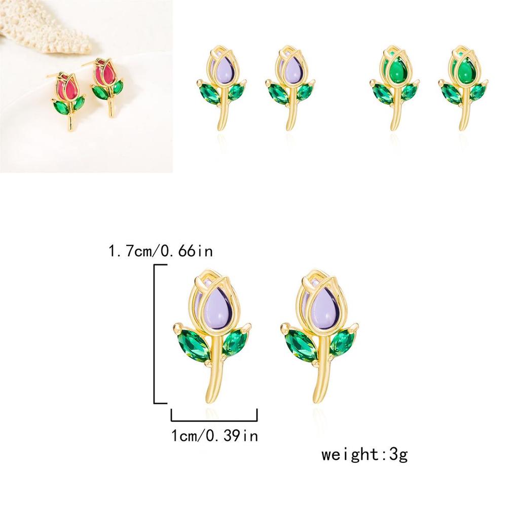 Floral Tulip Stud Earrings For Women Copper Glass Spring Fashion Jewelry