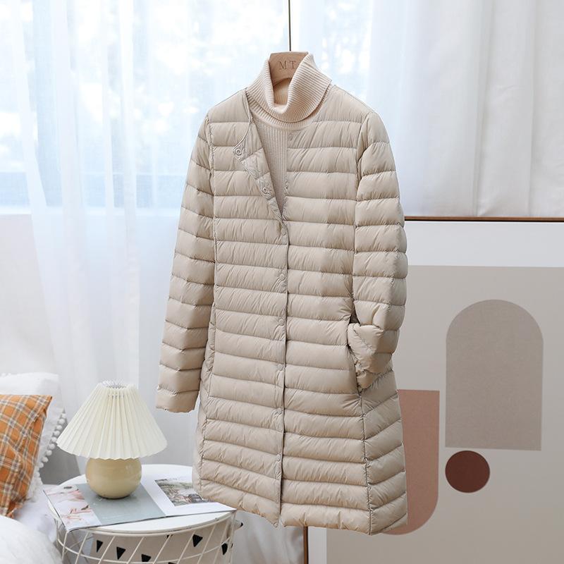 Light and Thin Women's Down Jacket Autumn Medium and Long Large Size Round Neck Change V Neck Snap Button Down Liner Long Sleeve Jacket