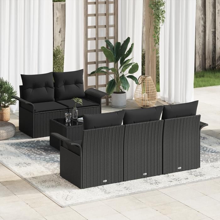 VidaXL Ensemble de Canapé de Jardin 6 Pièces avec Coussins Noir Poly Rattan 3345243