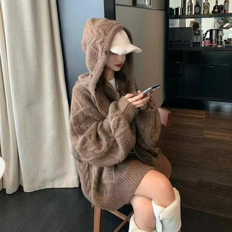 Twist sweater women's autumn and winter new retro loose lazy outer wear knitted sweater hooded cardigan jacket