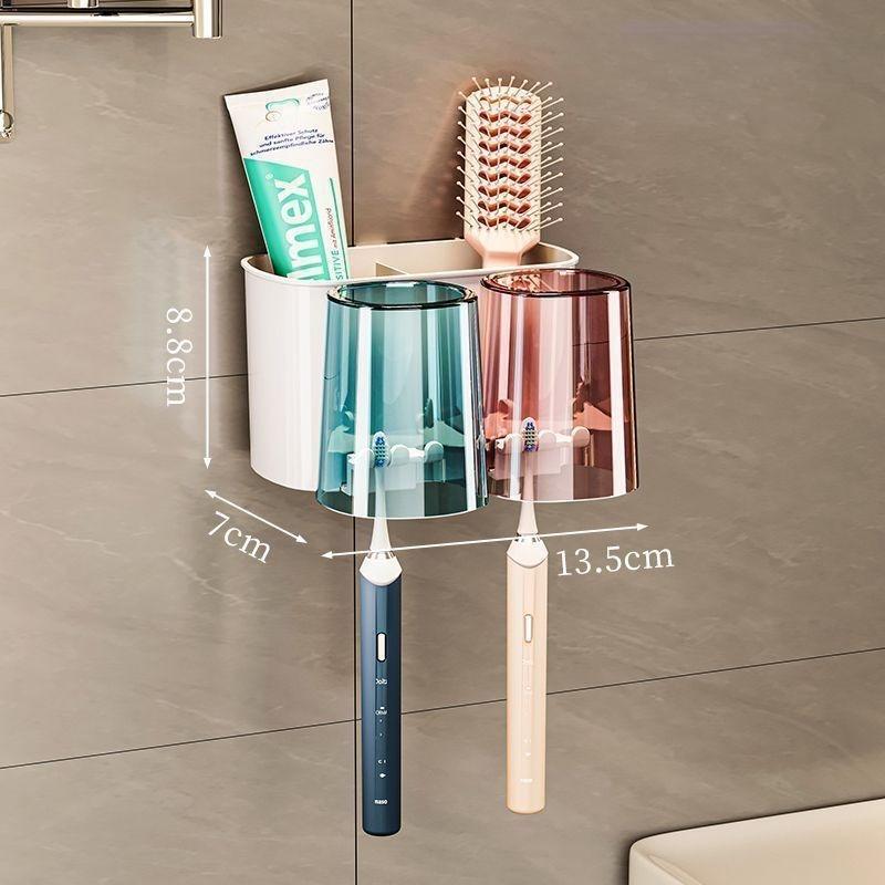 [No-Drill] Wall-Mounted Toothbrush Holder Set - No-Drill, Space-Saving, Transparent - Bathroom Organizer for Toothpaste & Brushes
