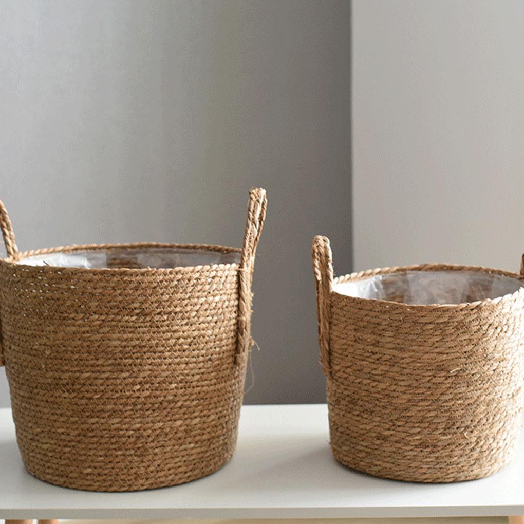 Woven Flower Pot Seagrass Plant Basket Garden Yard Greenhouse Flowerpot with Handle Potting Planting Hamper Household