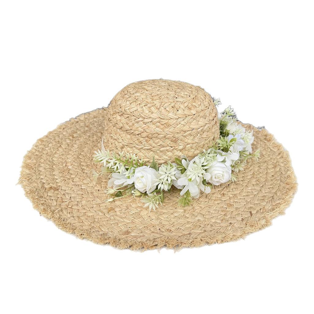 Small Fresh White Flower Lafite Straw Hat Ladies Lace Strap Straw Sun Hat Big Eaves Sunscreen Sun Hat Summer