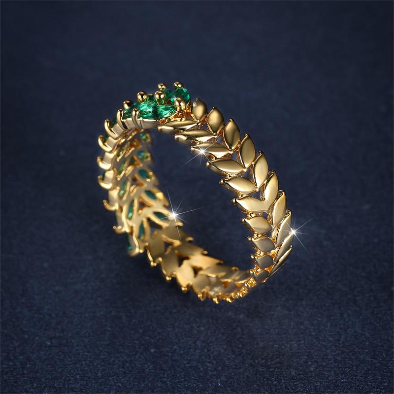 Luxury Female Green Pink Leaf Zircon Jewelry Gold Color Engagement Rings For Women Charm Bride Vintage Promise Wedding Bands