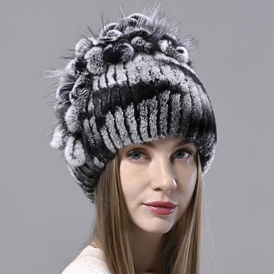 Marke Damen Echte Rexkaninchenfell Mützen Winter Rexkaninchenfell Strickmützen Gestreiftes Oberteil Blume Fuchsfell Warm Echtes Fell Strickmützen