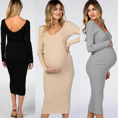 Tehotenské šaty s dlhým rukávom a výstrihom do V, slim fit, v rôznych farbách