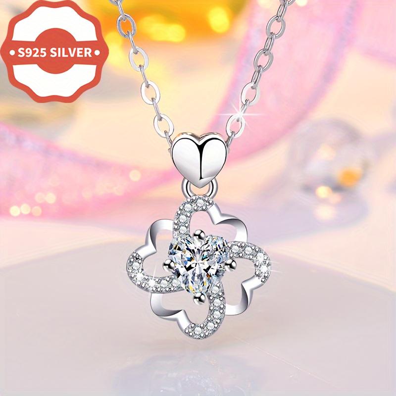925Pure Silver Minimalist Four-leaf Clover Heart-shaped Pendant Necklace, Elegant and Versatile Silver Women's Accessory, Mother's Day Anniversary