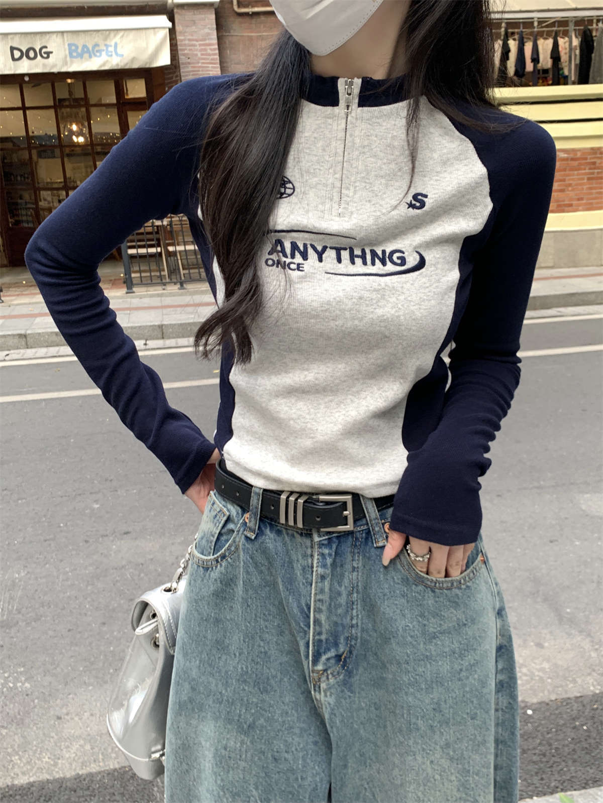 

Spring half-zipper stand-up neck bottoming shirt contrasting color embroidery shoulder sleeves long-sleeved T-shirt Spice Girl Top M