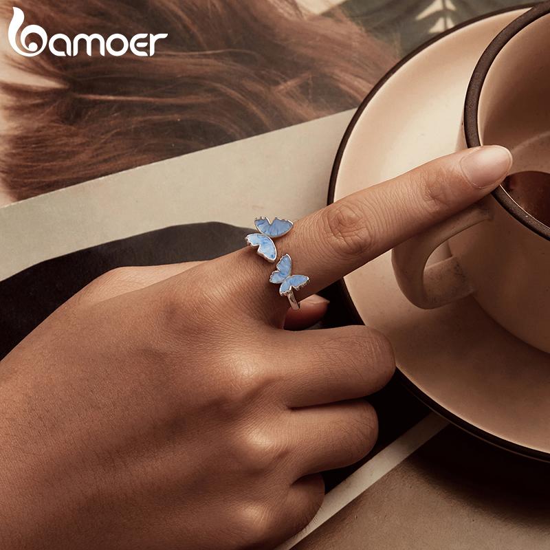 BAMOER 925 Silver Blue Butterfly Adjustable Ring, White Gold Plated Promise Christmas Cute Rings Dainty Chic Jewelry