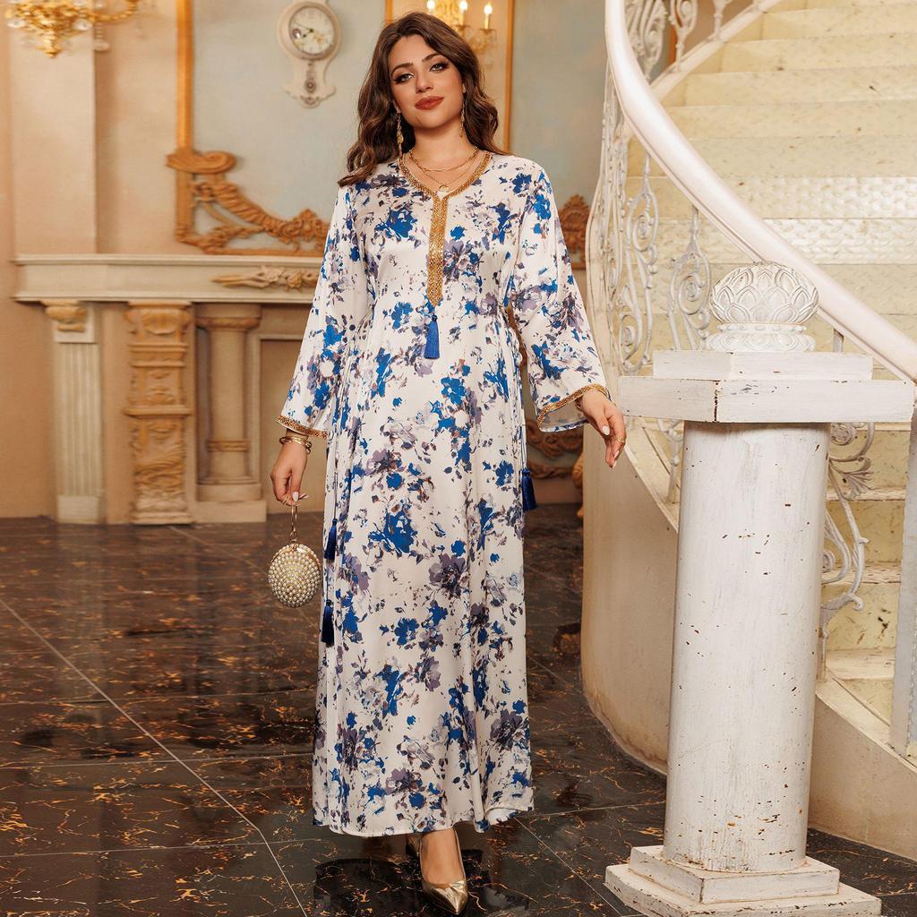 2024 Autumn/Winter Middle East-Style Elegant Print Long Robe for Home Wear