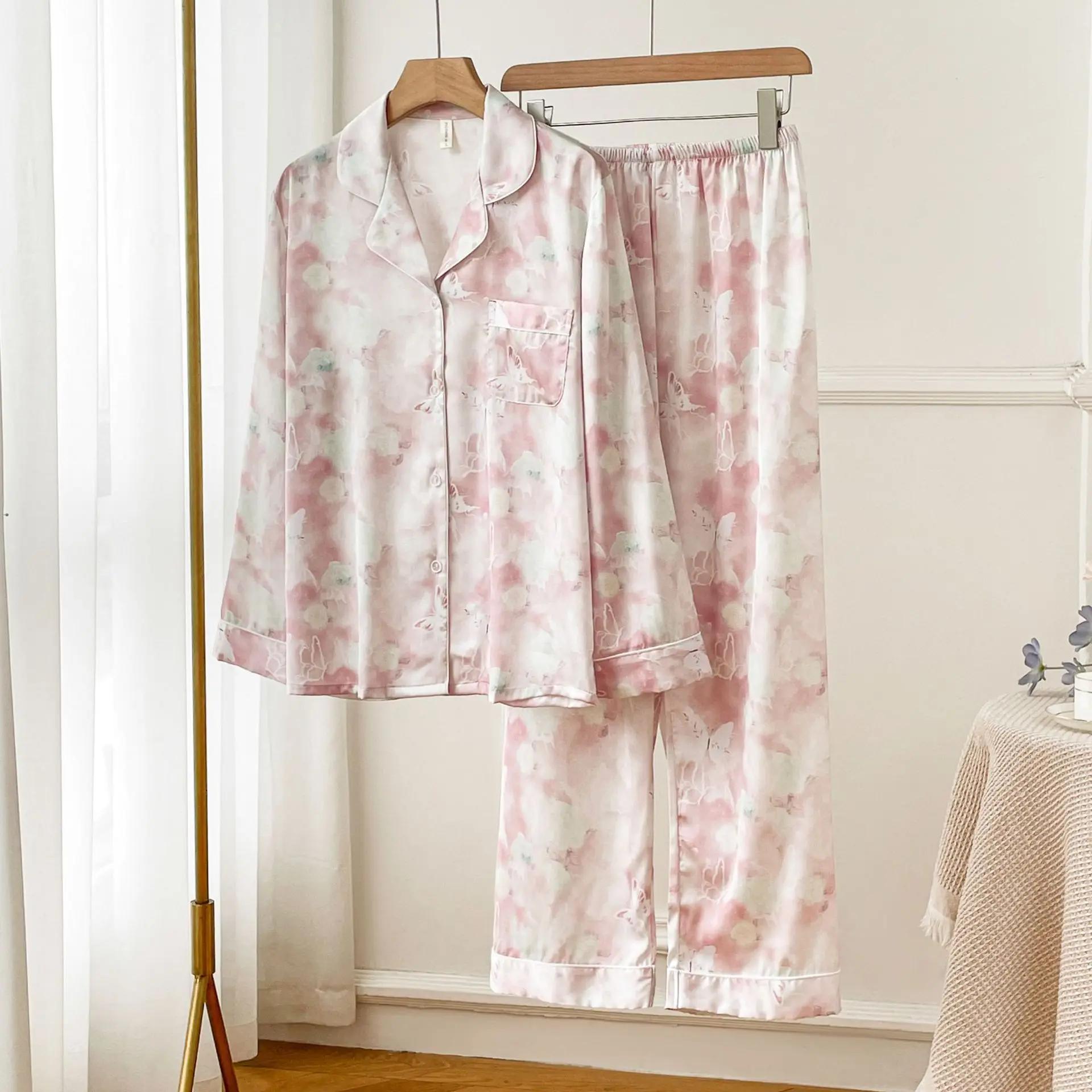 

Женская мягкая ночная рубашка, свободная домашняя одежда, синяя пижама, комплект из 2 предметов, в стиле принцессы с принтом бабочек, комплект из топа и брюк, одежда для сна L розовый