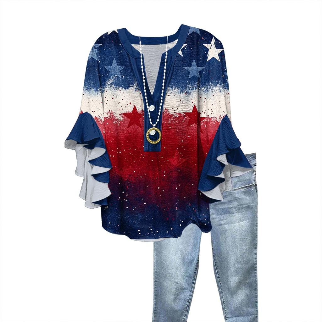 Summer Tops For Women Cute V Neck 3/4 Sleeve Blouses Print Top Casual Shirts