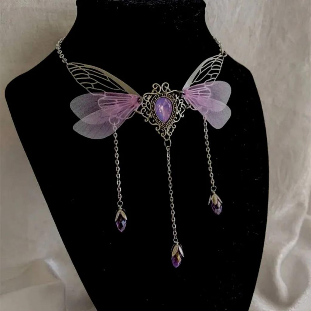 Enchanted Faerie Queen Necklace Wing Charm Goth Aesthetic Fashion Necklaces Y2k Summer Jewelry