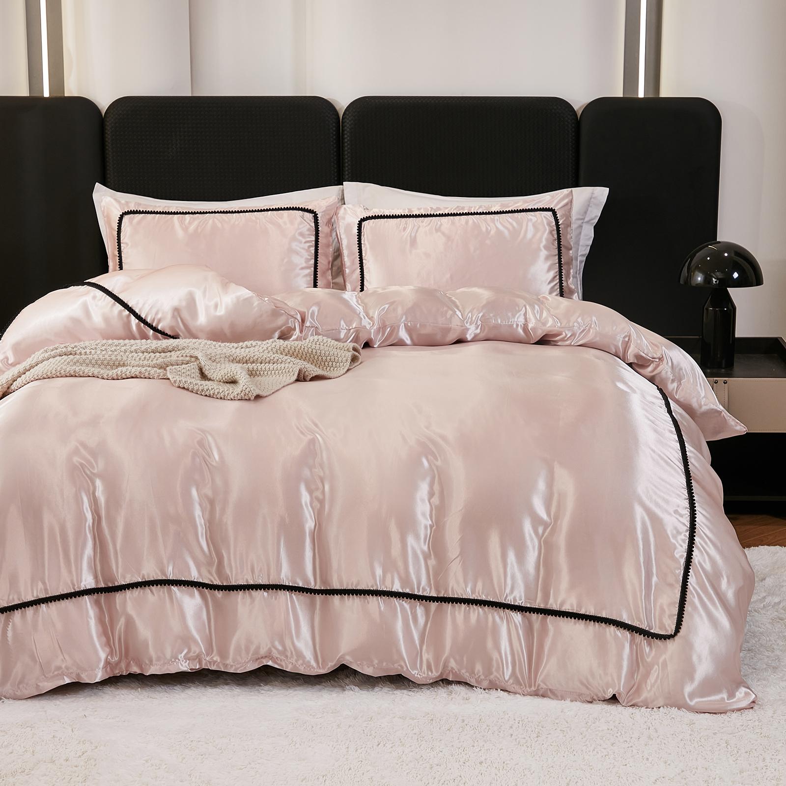 

3PCS Satin Duvet Cover Set Silk White Black And Pink Bedding Comforter Cover Silky Luxury Silky Bed set Soft for All season 135x200cm-UK-Single шампанського