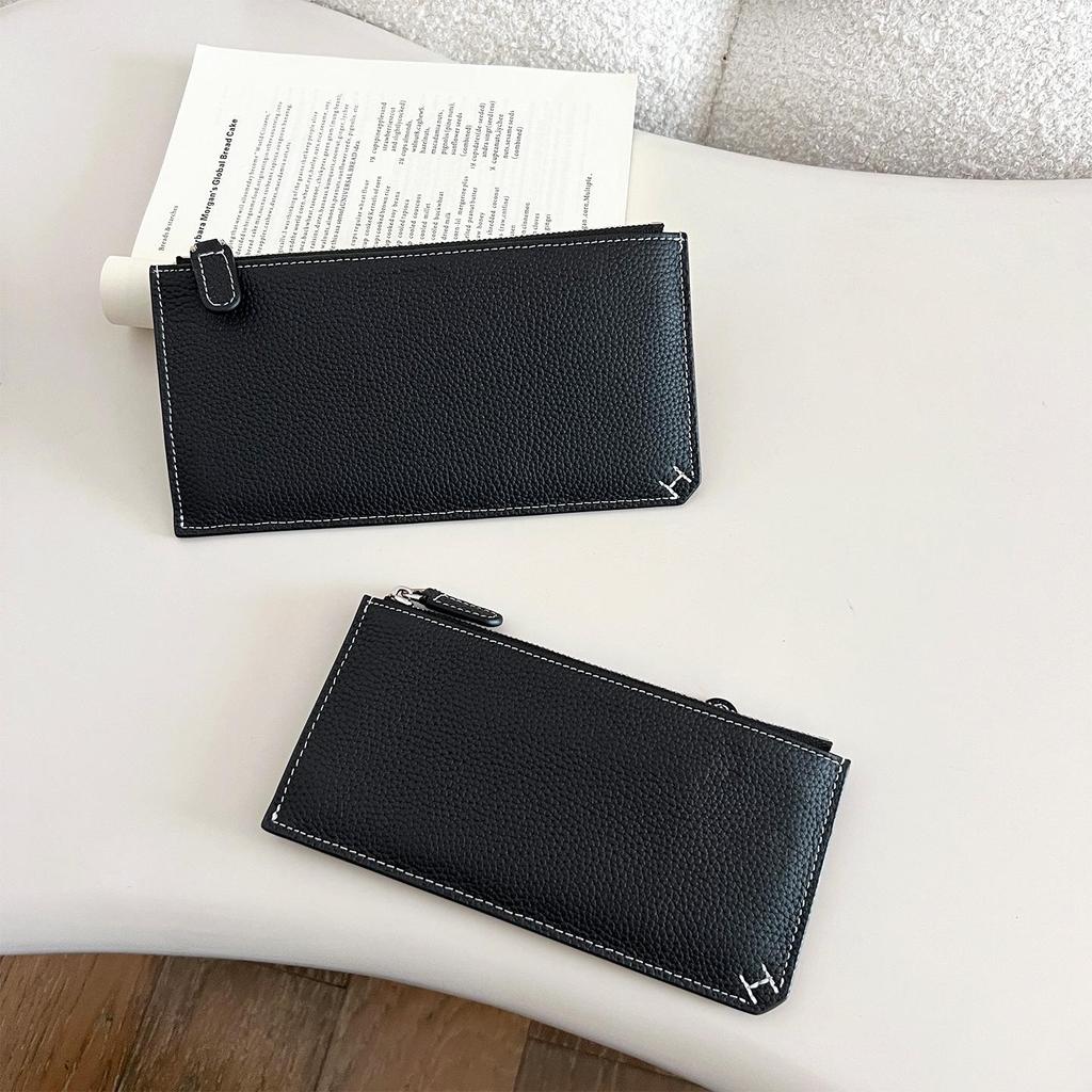 Portefeuille long ultra-fin en cuir véritable: Convient aux billets de grande valeur et au téléphone, Emplacements multiples pour cartes, Pas de compartiments, Fermeture à glissière, Cuir de vachette de première couche