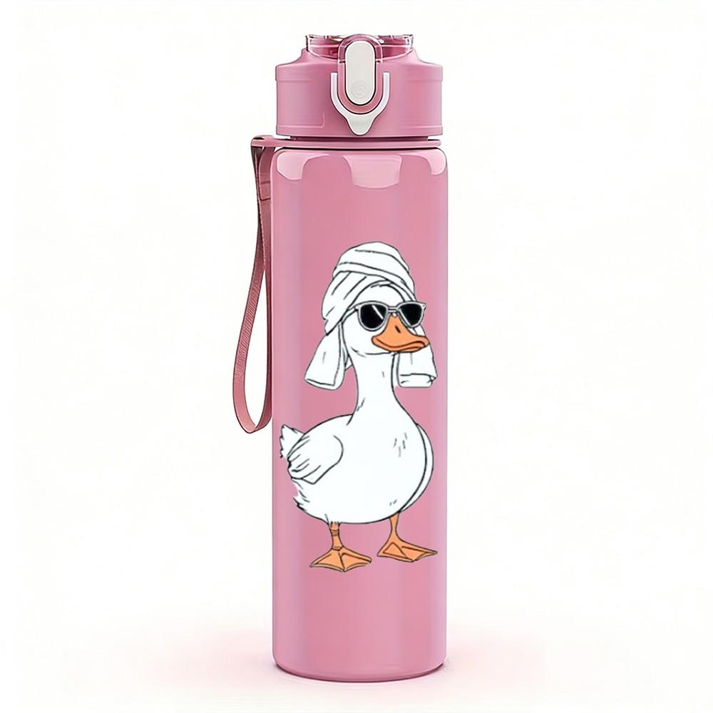 1PC White Duck Wearing Hoodie Cartoon Print 750ml Color Plastic Sports Water Bottle Leakproof Flip Straw Lid Suitable for Sports Office Home Use
