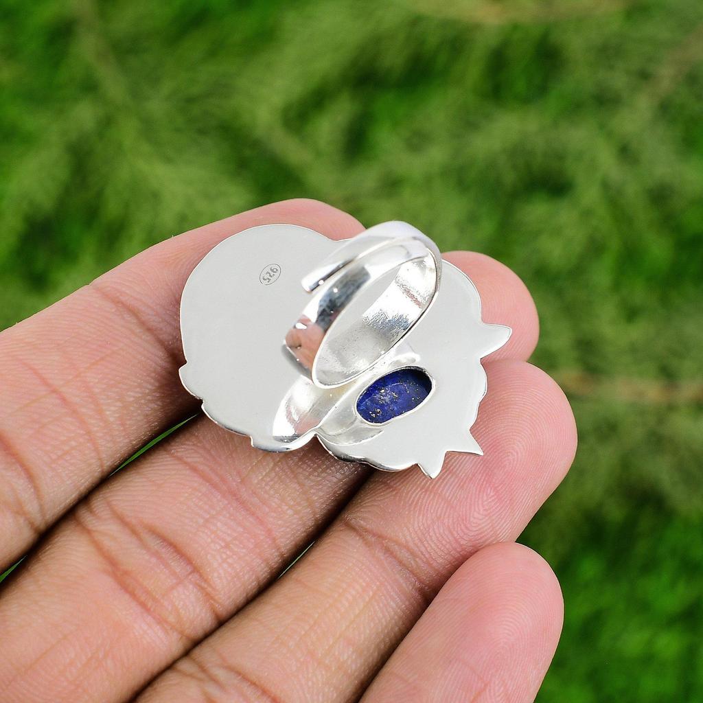 Sterling Silver Oval Lapis Lazuli Gemstone Throat Chakra Bezel Wife Ring Jewelry