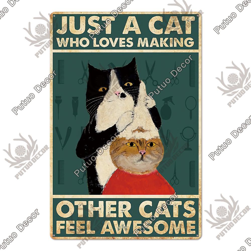 Putuo Decor Black Funny Cat Metal Sign Vintage Plaque Metal Retro Animals Tin Poster for Living Room Home Decoration Wall Decor