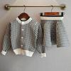 Toddler Kids Baby Girls Outfit Clothes Plaid Knitted Sweater Coat Tops+Skirt Set