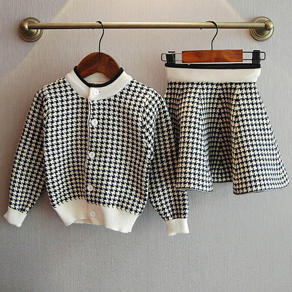 Toddler Kids Baby Girls Outfit Clothes Plaid Knitted Sweater Coat Tops+Skirt Set